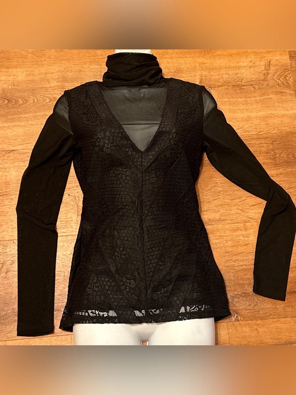 Guess Black Lace V-Neck Long Sleeve Top